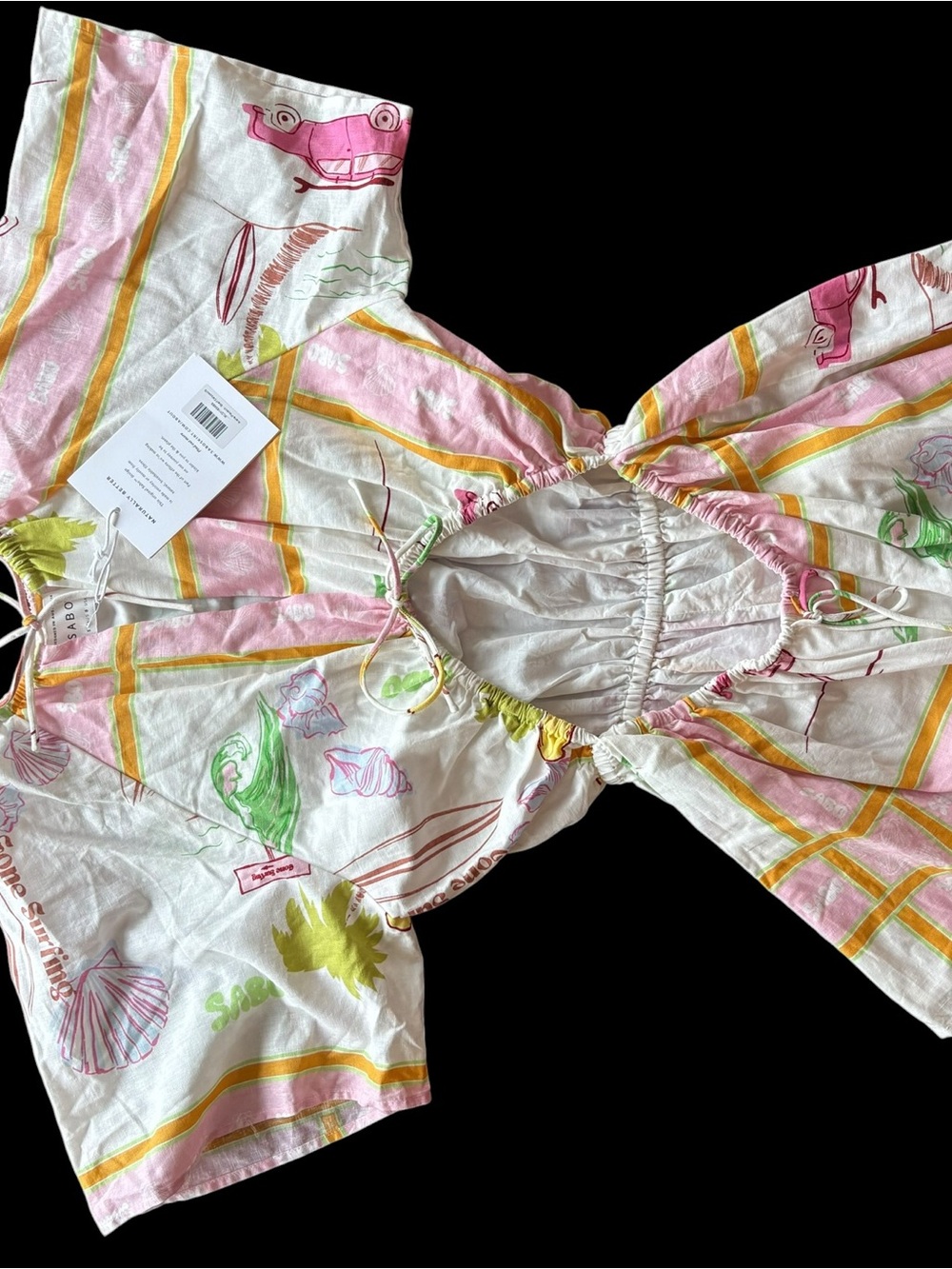 SABO Linen Pink & White Printed Cutout Romper with Tie Waist - Picture 2 of 10